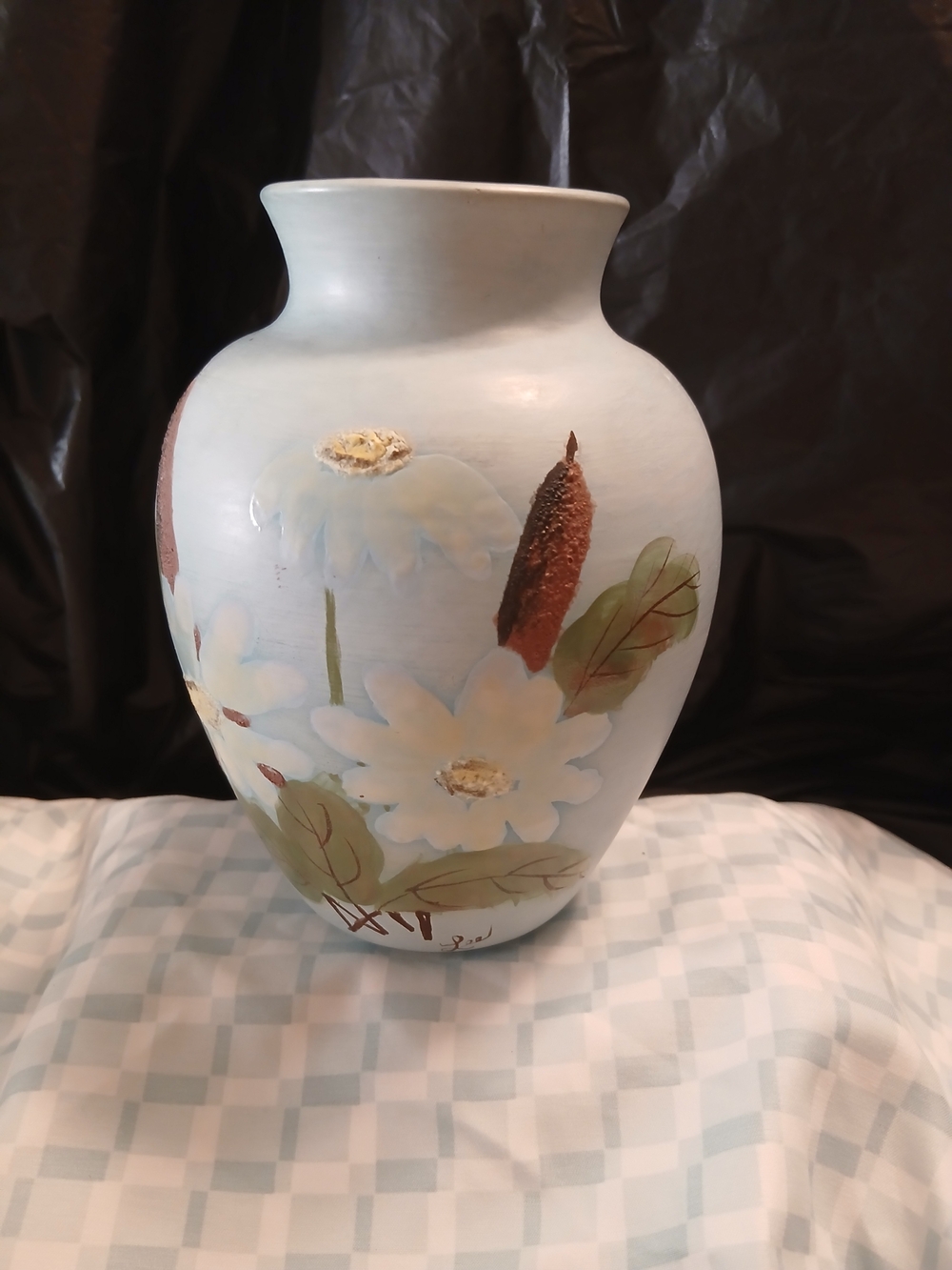Hand-Painted Floral Ceramic Vase with Cattail Motif